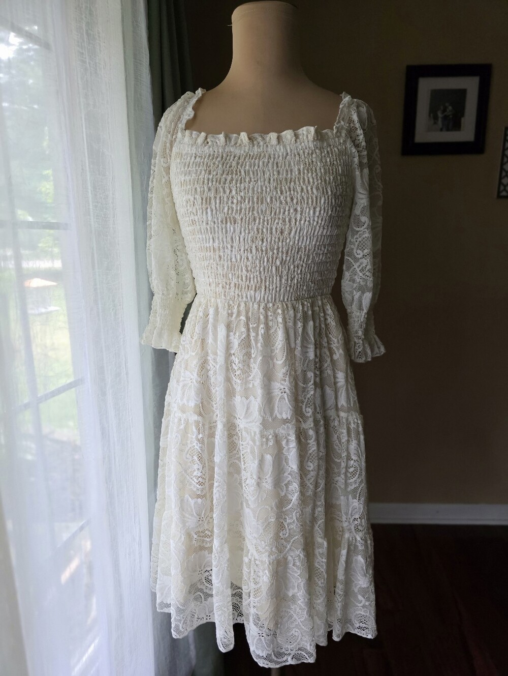Baltic Born Small Cream White Lace Smocked Shift Dress Bridal Shower Cottagecore